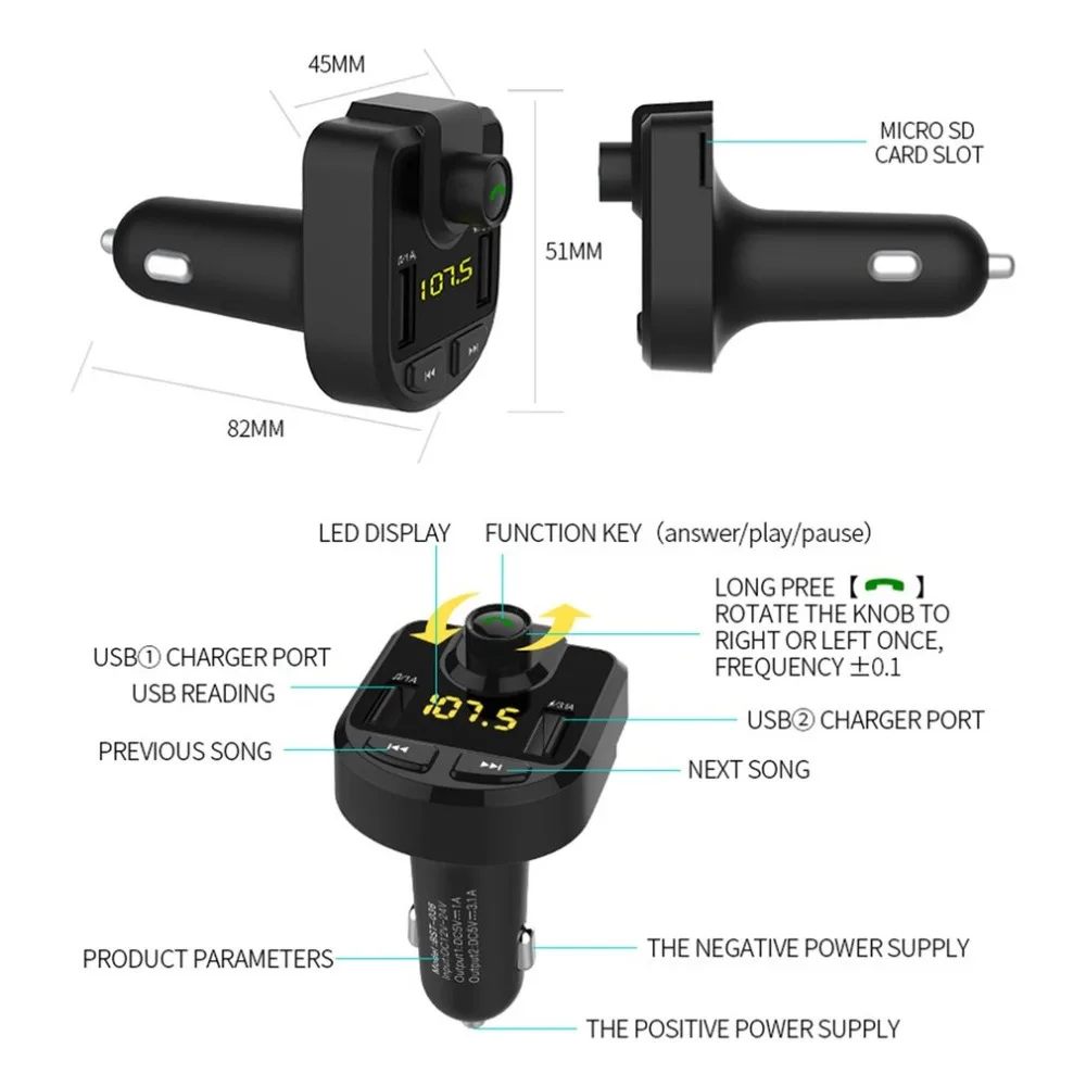 FM передатчик BT36 Bluetooth Handsfree автомобильный аудио-MP3 плееры 3.1A Dual USB зарядное устройство адаптер Напряжение Тестер Вольтметр