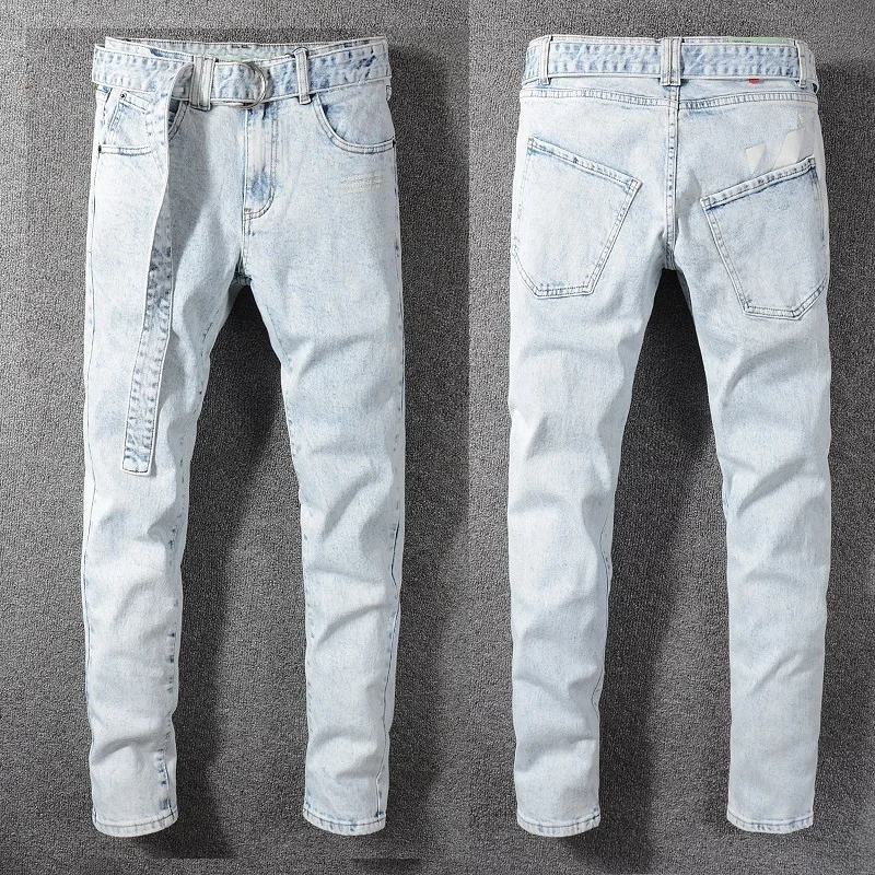 

New Italy Style #140# Men's Ankle Length Pants With Long Belt Acid Washed Blue Denim Skinny Jeans Slim Trousers Size 28-40