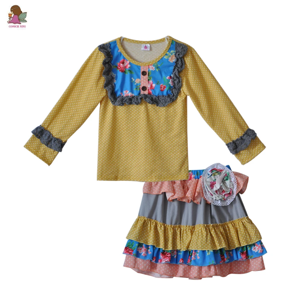 

Vintage Design Fall Girls Clothes Baby Multi-layers Tutu Ruffle Skirts Yellow Polka Dots Top With Button Kids Outfits F165