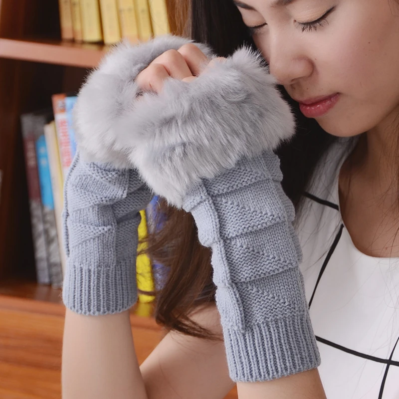 

Women Long Knitted Gloves Fingerless Elbow Mittens 2017 New Keep Warm Spring Winter Knitted Woolen Gloves Artificial Fur Long