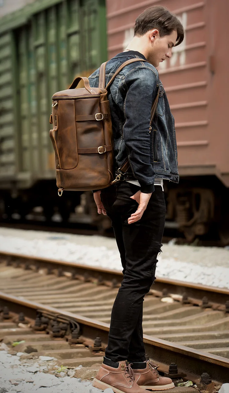 Outdoor Model Show of Woosir Genuine Leather Vintage Mens Backpack