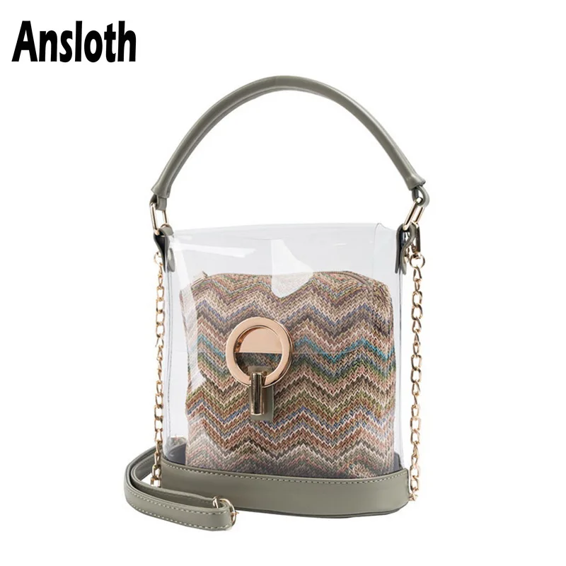 

Ansloth New Summer Bag For Women Transparent Jelly Bag Ladies PVC Bucket Bag Female Chain Crossbody Bag Handbag Composite HPS498