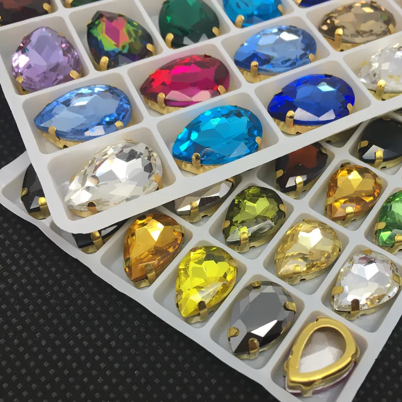 

All Colors 10x14mm Teardrop Glass Sewing Stone Droplet Pointback Crystal Fancy Stone With Golden Open back Claw Setting