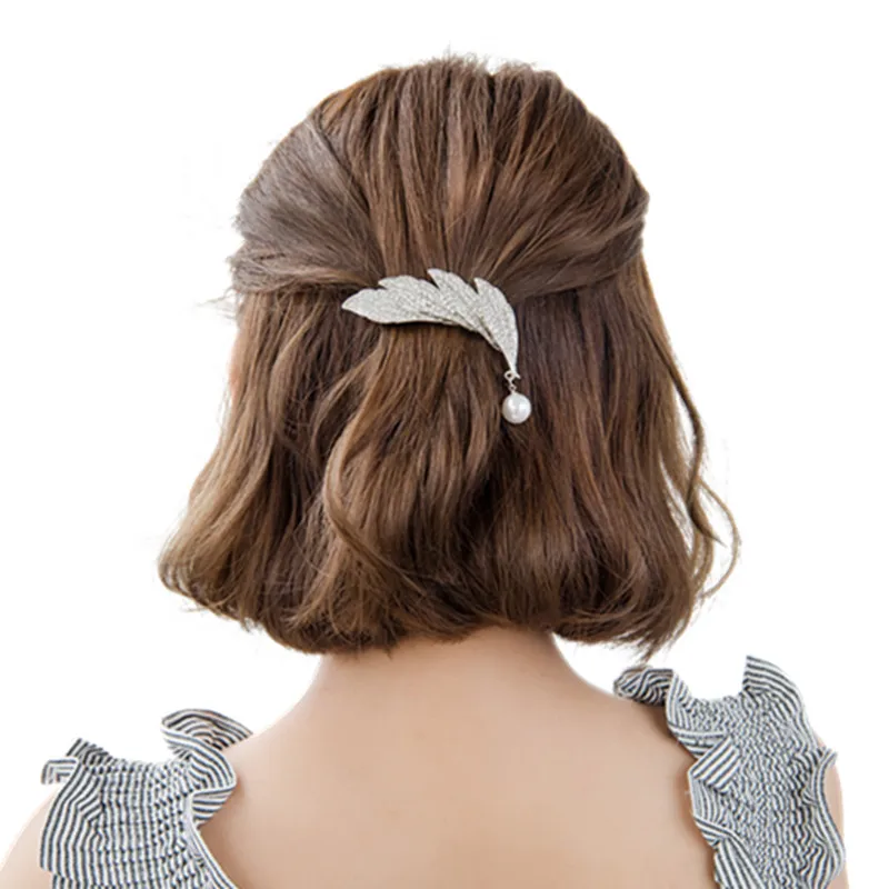  CHIMERA Leaves Hair Clips Elegant Silver Shiny Artificial Crystal Barrettes Pearls Pendant Hair Pin
