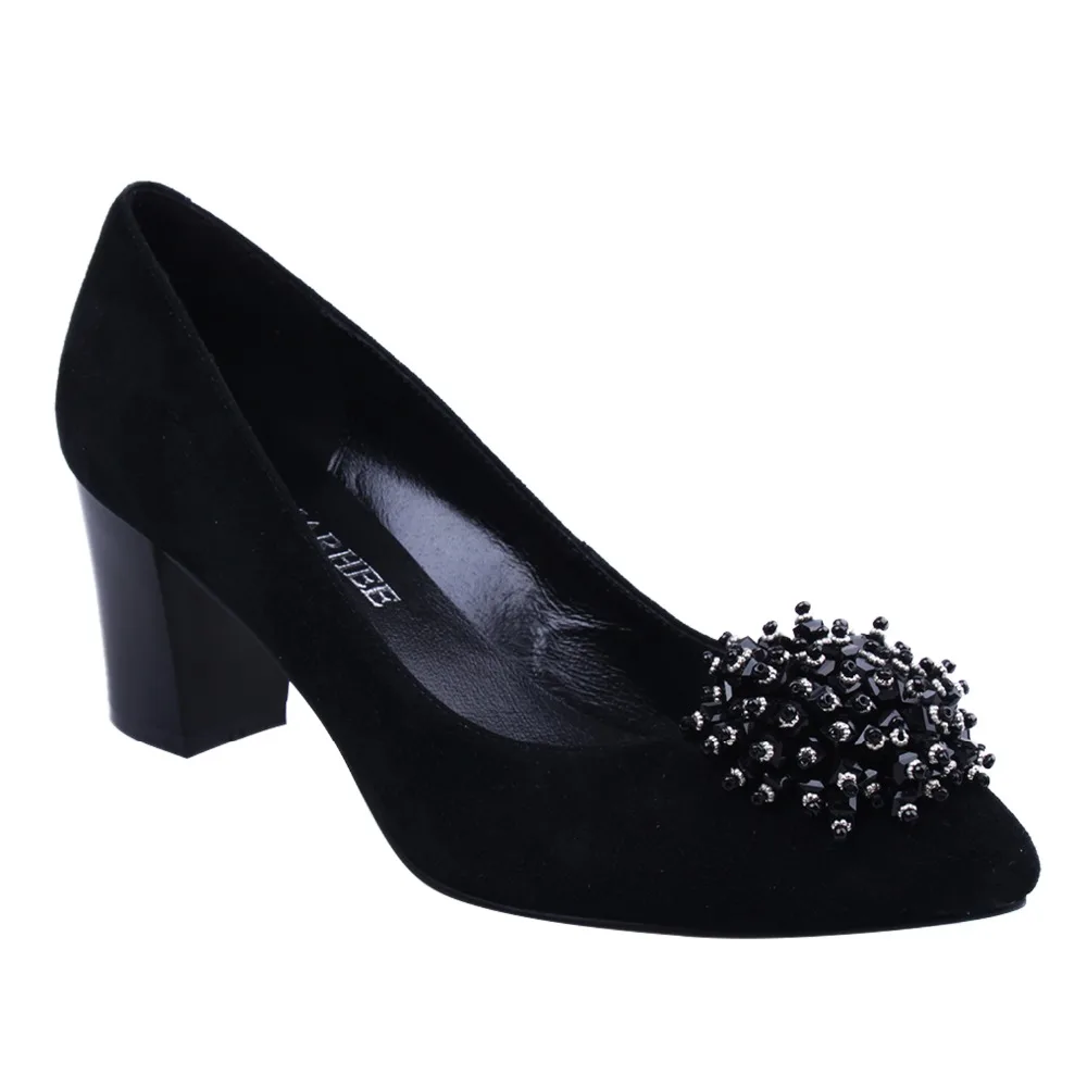 MARHEE Fashion Blocked High heeled Pumps Shoes Rhinestone Flower Female Pumps Genuine Sheepskin 6.5 cm Heels Shoes /54/55 Women's Shoes