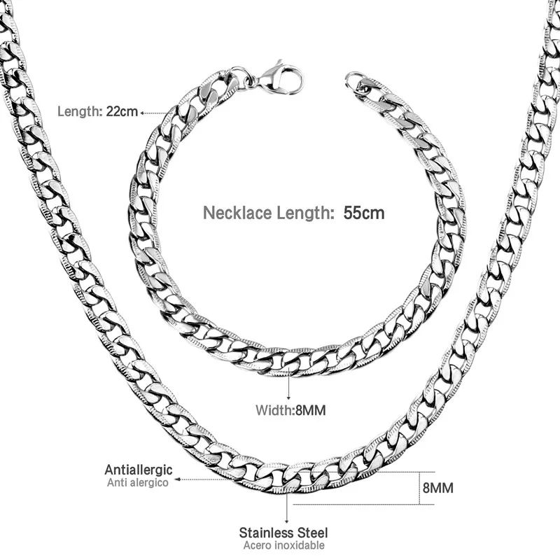 Роскошные стальные мужские цепочки, ювелирные наборы, ширина 8 мм, нержавеющая сталь, 50 см/55 см/60 см, кубинская цепочка, ожерелье, браслеты,, вечерние - Окраска металла: 8mm 55cm silver