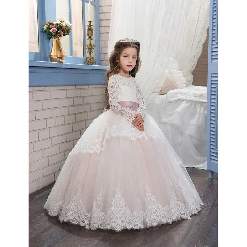 99-1              2019 Pageant Dresses for Girls Glitz Long Sleeves Lace Up Ball Gown Appliques Bow Sashes Birthday First Flower Girl Dresses