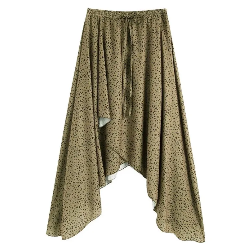 2019 Women BOHO  Front Back Split Animal Leopard Print Asymmetrical Skirt Vintage Lacing up Elastic Waist Mid Long Skirts
