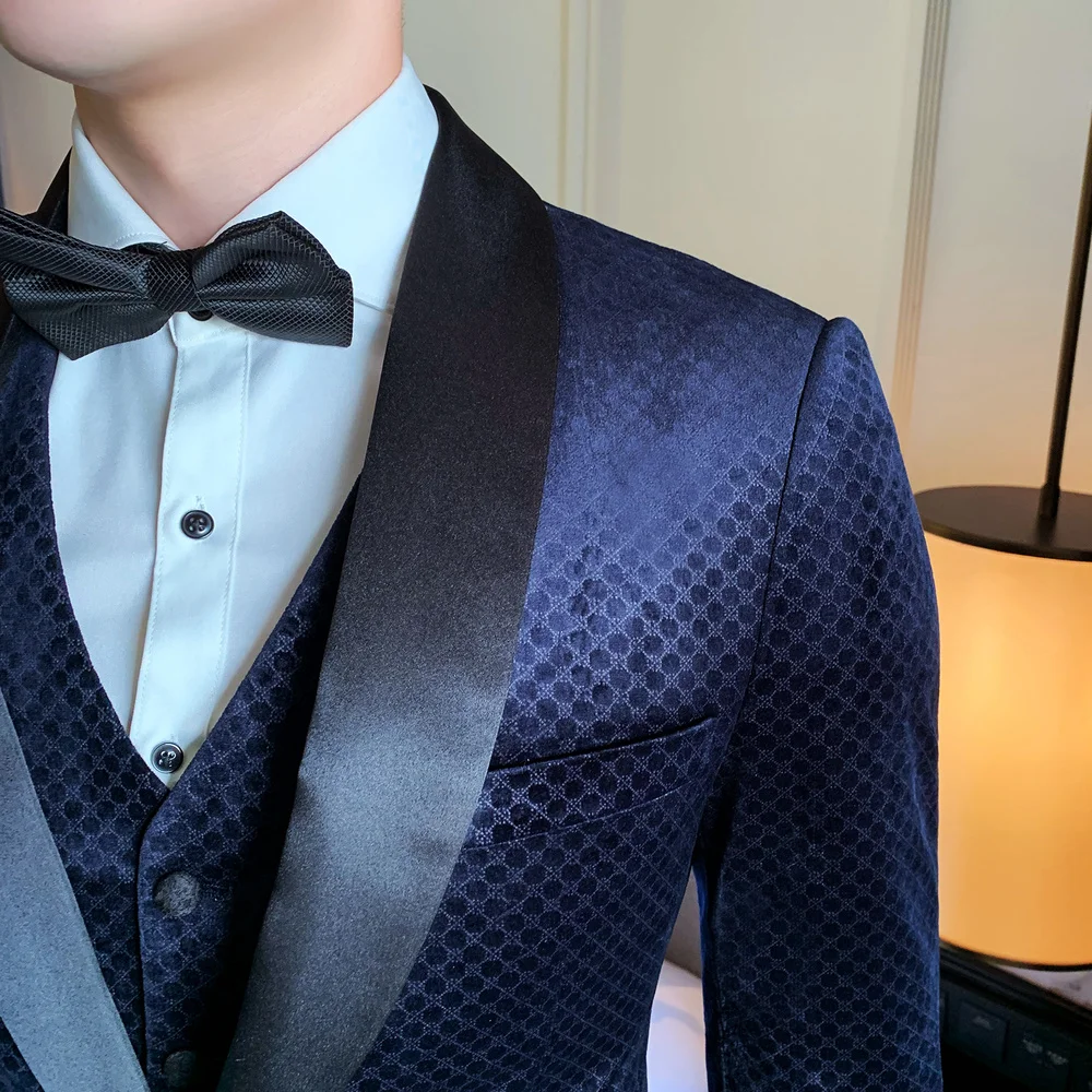 New Shawl Collar Male Velvet Suit Navy Blue Wedding Suits For Men Slim Fit Suit Male Elegant Prom 3-piece set Jacket Pants Vest