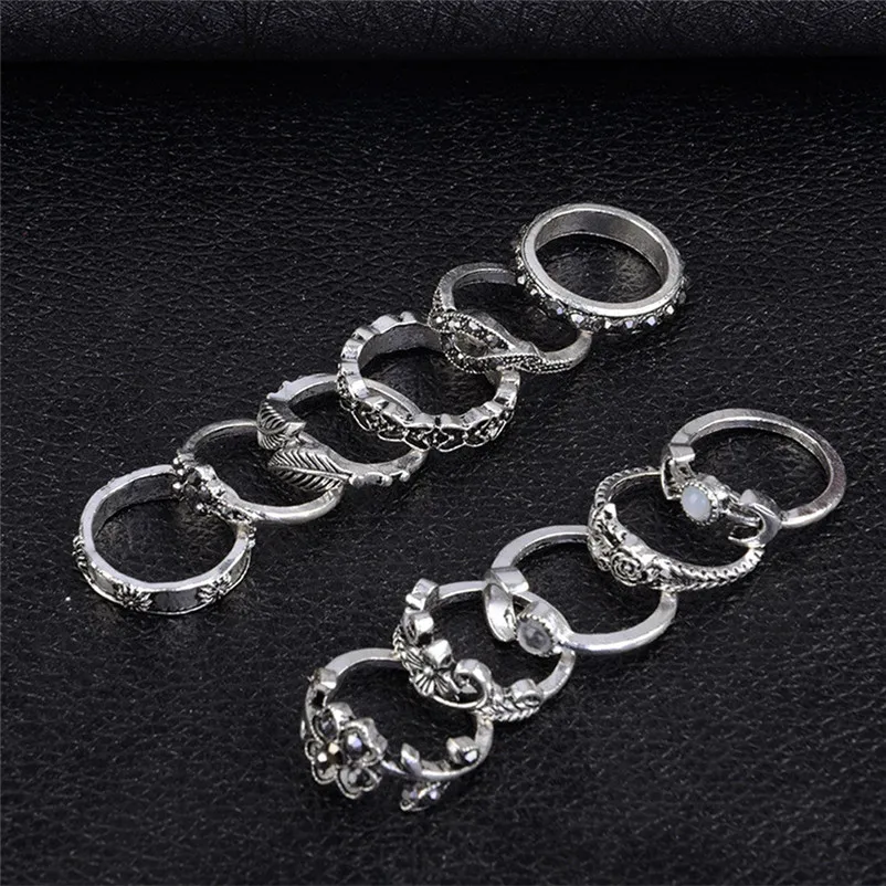 2018 New Arrival Design Women Bohemian Vintage Silver Stack Rings Above Knuckle Blue Rings Set Rings for women Ring Set J13#N (9)