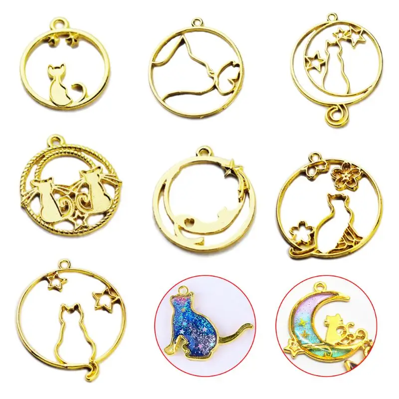 

7 Pcs/set UV Epoxy Resin Openwork Metal Border Star Tail Kiss Cat Modeling DIY Pendant Key-chain Jewelry Frame Mold