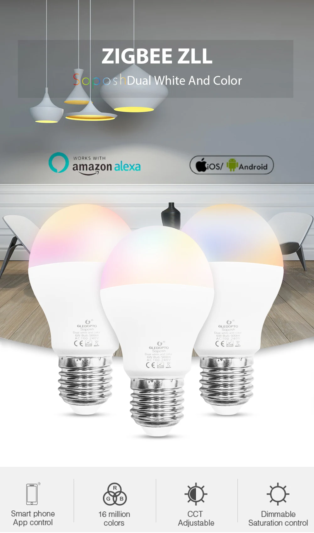 GLEDOPTO zigbee 3,0 6 W RGB+ двойной белый светодиодные лампы Zigbee zll lingt link умная Лампа Совместимость с ZigBee 3,0 и многие шлюзы