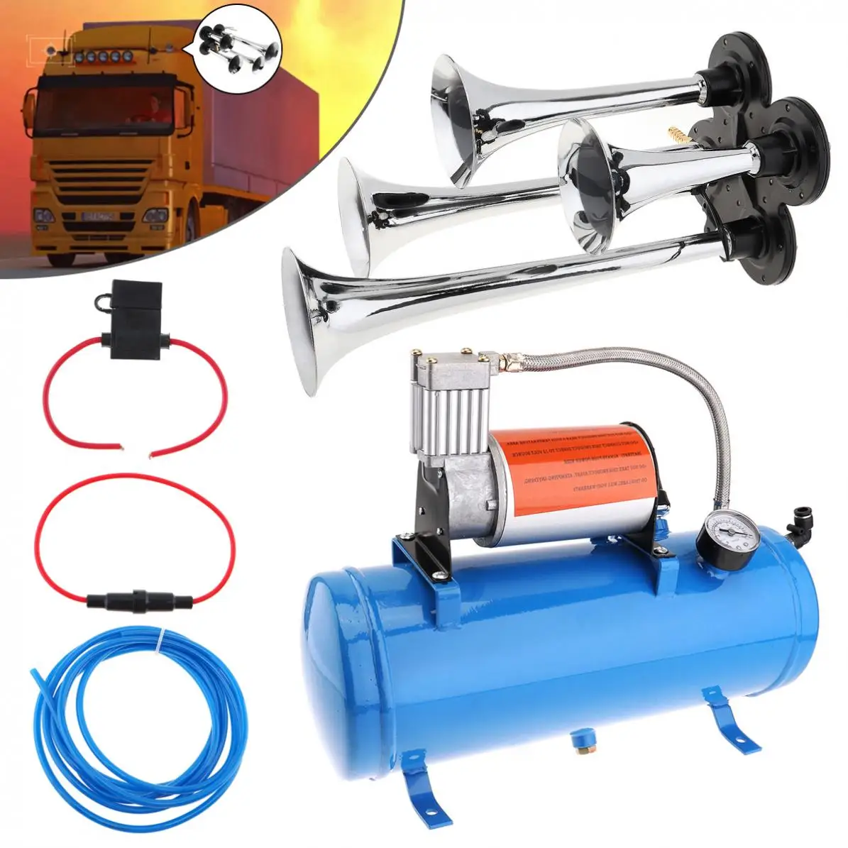 

4 Trumpet Universal Car Air Horn 150psi 12V 6L Mini Electric Air Horn Compressor Kit Blue Tank Gauge for Car Train Truck