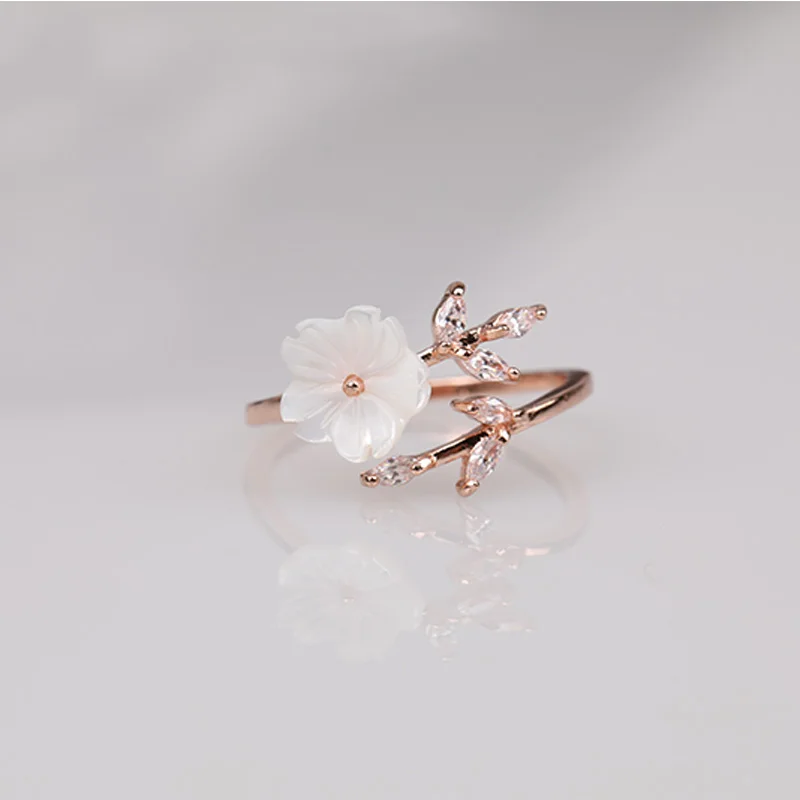 Шикарные Изящные милые женские модные розовые циркониевые ветви ракушка цветы Открытое кольцо Модные ювелирные изделия подарок обручальные кольца