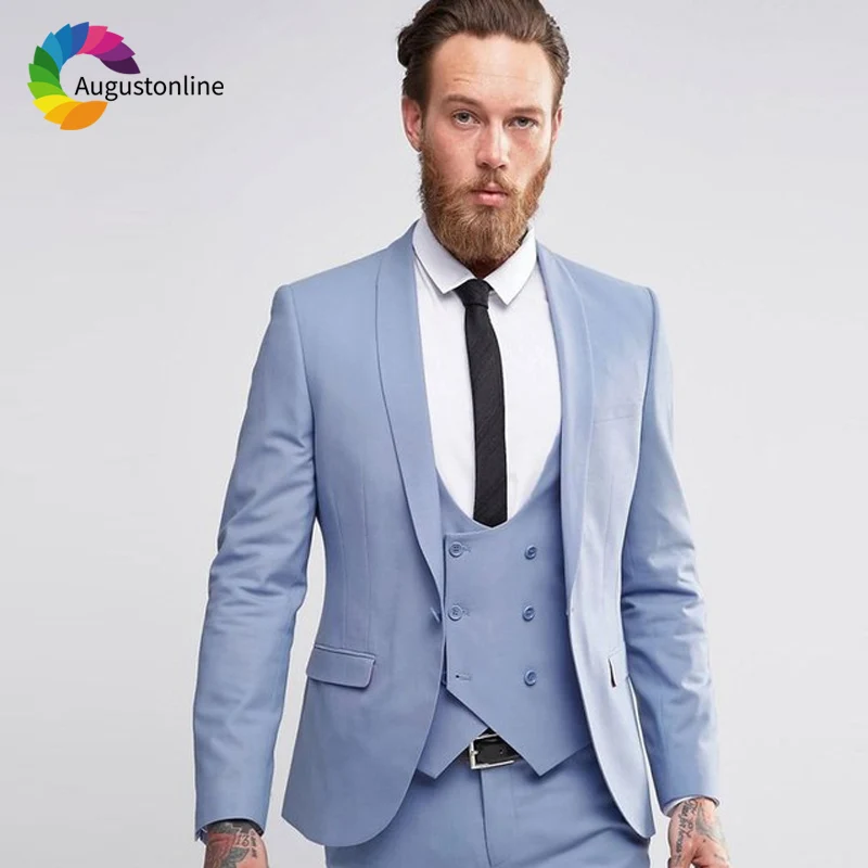 Sky Blue Slim Fit Men Suits Wedding Groom Tuxedos 3 Pieces (Jacket+Pants+Pants) Bridegroom Suits Blazer Prom Wear