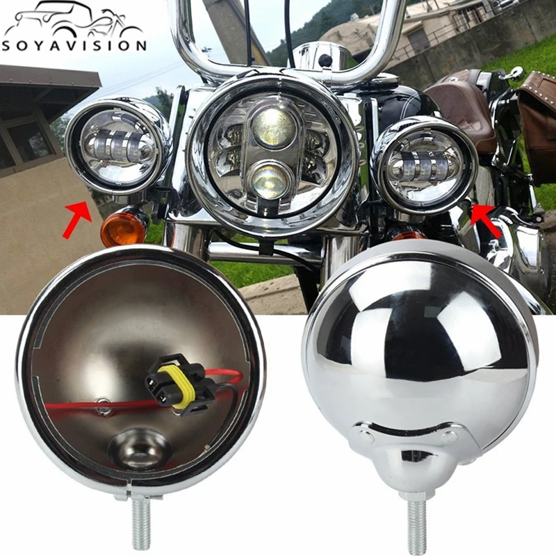 4.5" LED Black Chrome Fog Lights Cover Housing Bracket for Harley