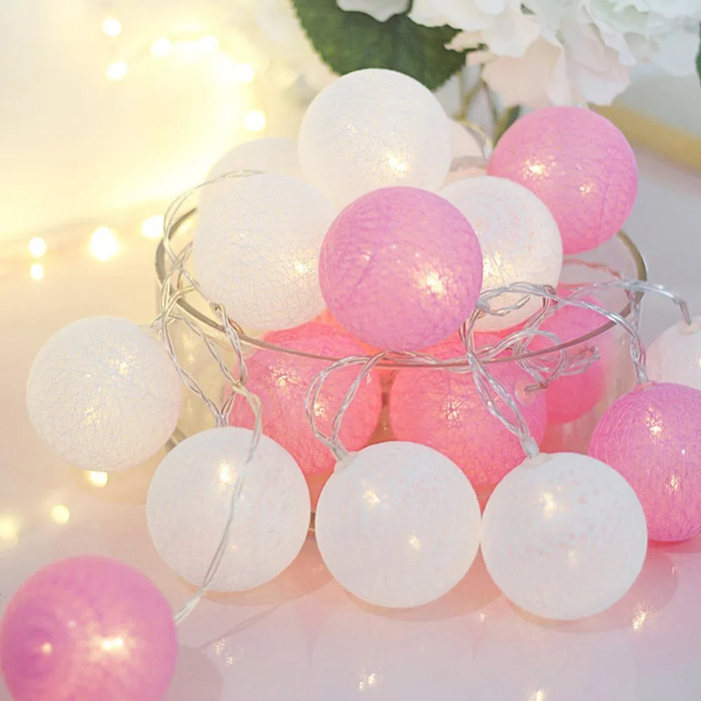20 LED Cotton Ball Fairy String Lights Pink White Christmas Tree Lights