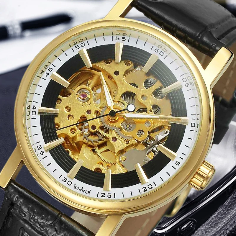 

T-WINNER Men's Unique Automatic Movement Skeleton Leather Strap Mechanical Vintage Transparent Crystal Wrist Watch with Gift Box