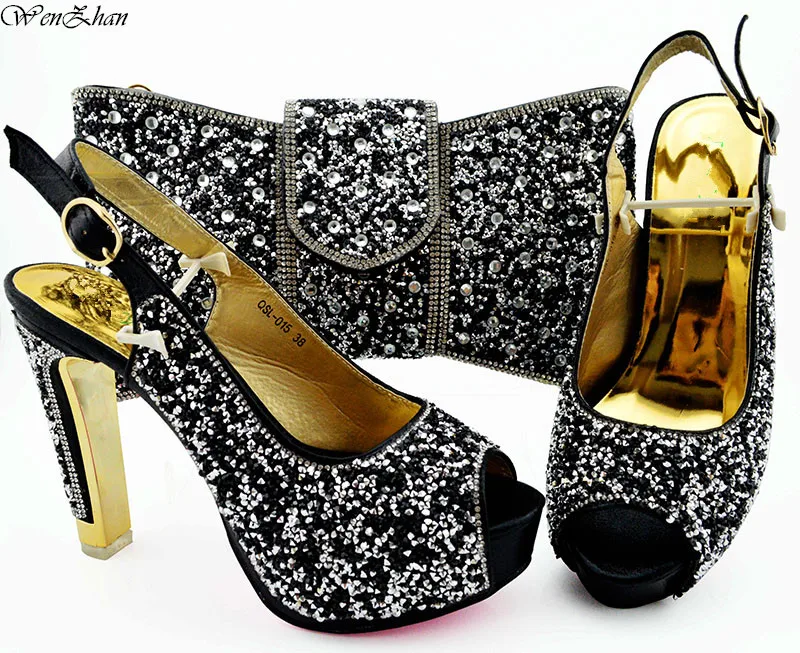 

Black Italian Pumps Shoes Matching Bag With Sequins Paillette African Nigeria Shoes and Bag Set for Parties 38-43 WENZHAN B94-5