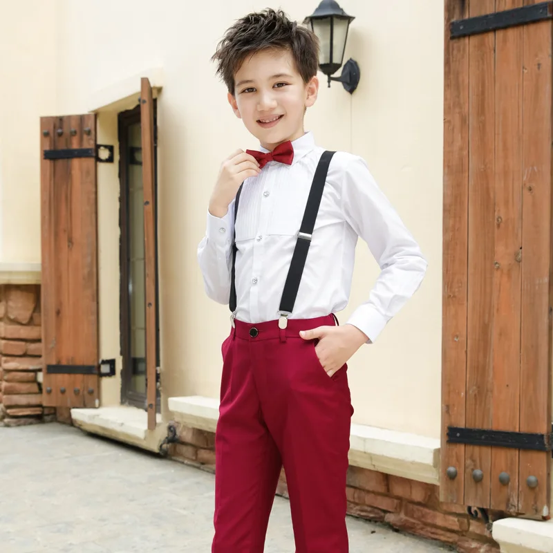 Детская школьная форма в Корейском стиле для мальчиков, детская белая рубашка черные штаны набор ремней для студентов, комплект одежды