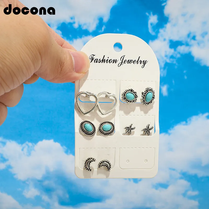 

Docona Antique Silver Moon Heart Star Stud Earring Set for Women Green Rhinestone Geometric Studs Earring Boho Jewelry 6489