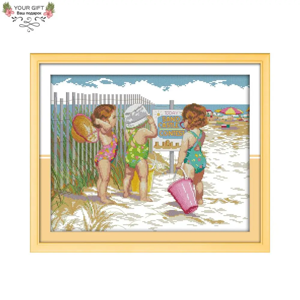 

Joy Sunday Free Shipping 14CT 11CT Counted and Stamped Babies Play In The Beach Embroidery Cross Stitch kits for Home Decor R469