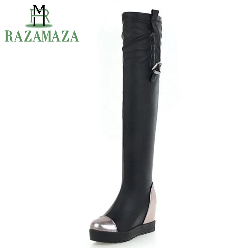

ZALAVOR Women Winter Thigh High Boots Thick Bottom Warm Fur Shoes Woman Buckle Mixed Color Inside Heels Long Boots Size 34-42