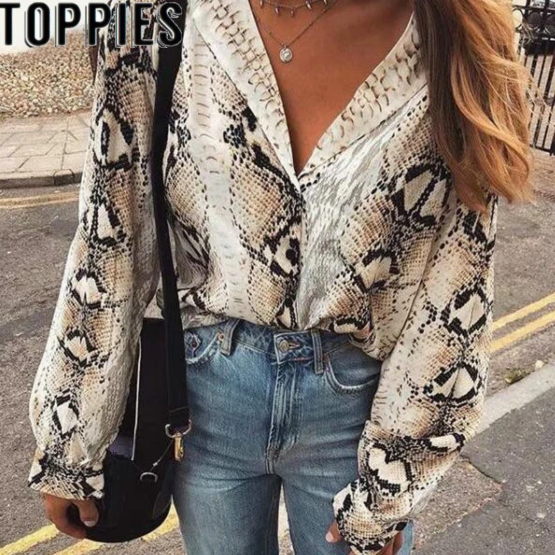 Achat 2018 Automne Nouveau Femmes Serpent Imprimer Blouse Manches Longues Turn down Col Peau de Serpent Shirts High Street Femmes Mode Automne tops