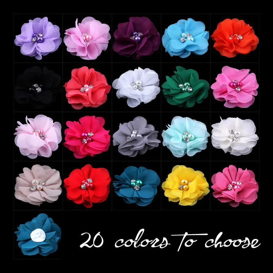 

10pcs/lot 2" 20 Colors DIY Mini Chiffon Flowers Whit Pearl Rhinestone For Girls Accessories New Hot Kids Hair Flowers