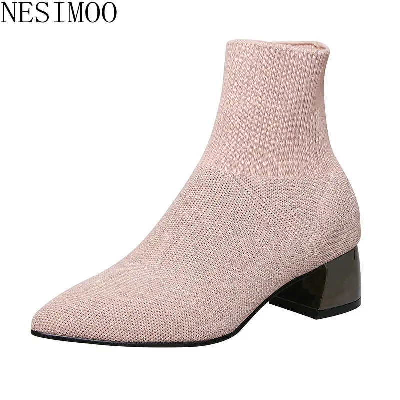 

NESIMOO 2019 Fashion Women Ankle Boots Slip On Med Heel Round Toe All Match Western Fashion Casual All Match Shoes Size 34-39