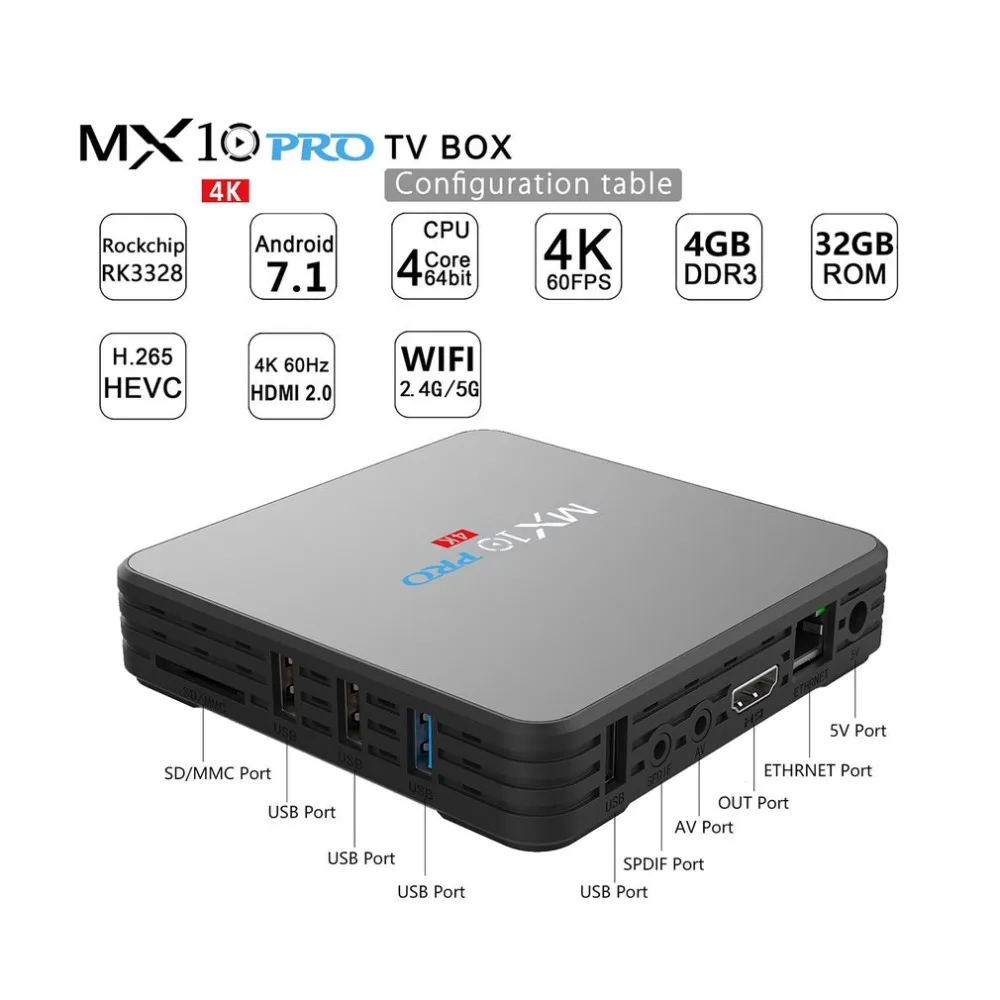 

Hot Sale MX10 Pro TV Box 4GB DDR3 32GB ROM Android 7.1 RK3328 Quad Core 4K HDMI 2.0 2.4G/5GHz WIFI USB 3.0 Smart Set Top Box