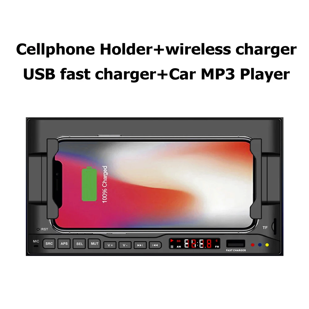 

Multifuction Car Cell Phone Holder Speaker Navigator Bluetooth 5.0 Radio Player with Wireless Charger USB Fast Charger + Car Mp3/AM/FM Player