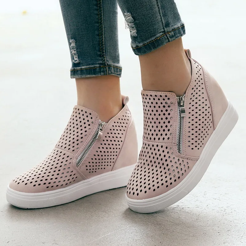 LOOZYKIT PU Leather Woman Casual Shoes Within The Higher Pure Fashion Side Zipper Sneakers Anti Skid Outsole Ladies Shoes - Цвет: A pink