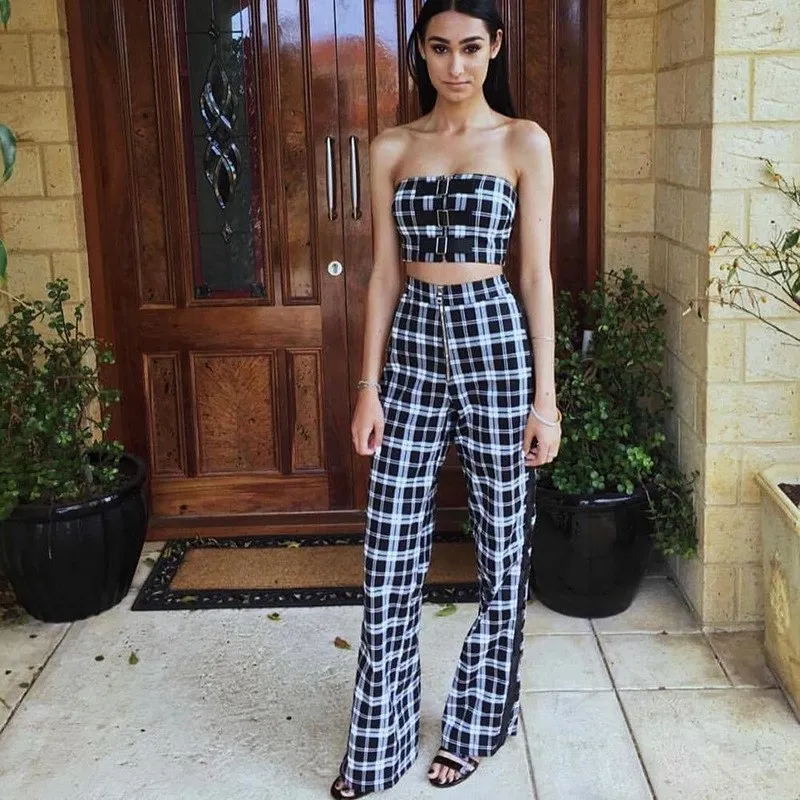 

2018 Fashion Women Set High Waist Knitted Flare Pants Spring Summer Sweat Pants Skirt And Top Plaid Wide Leg Pants Or Skirt Set