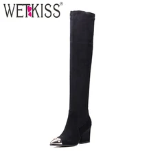 WETKISS 2016 Genuine Leather Thigh High Boots Zip Thick High Heels Female Footwear High Quality Pointed toe Fall Winter Boots