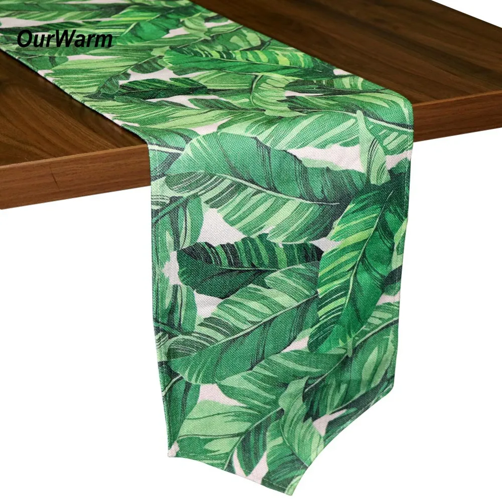 OurWarm 30X220 cm Baumwolle Leinen Tisch Läufer für Hochzeit Digital Print Grüner Banane Blatt Tisch Abdeckung Hawaiian Party dekorationen