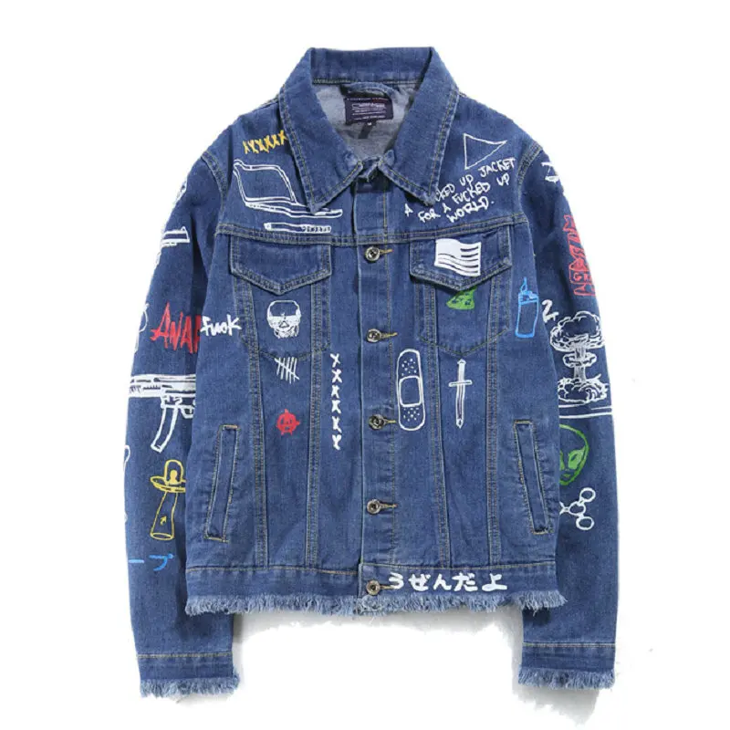 Zogaa 2019 Hip Hop Fashion Printed Jeans Jacket Men Cotton Casual Streetwear Autumn New Denim Jacket Coat with Graffiti for Men