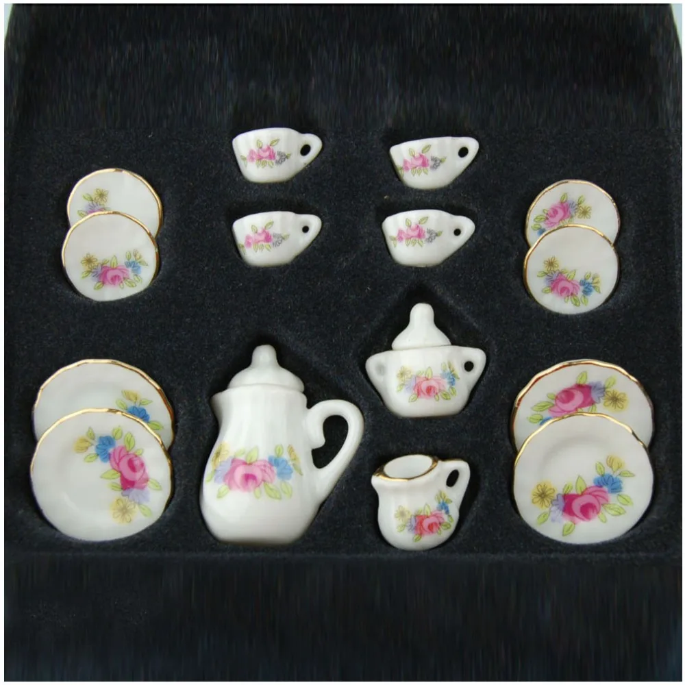 

1:12 Dollhouse Porcelain CHINA Tea Set Dining Ware Rose 15PCS #DC045