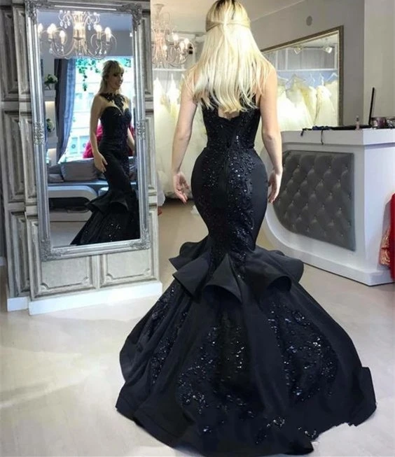 Sexy Black Mermaid 2018 Prom Dress Long Sequins Ruffles Party Gowns BA7654_conew1