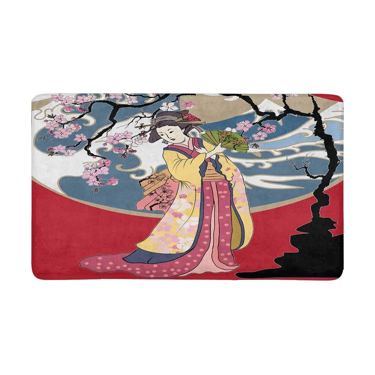 

Japanese Art Geisha Girl Japanese Wave with Sakura Anti-Slip Door Mat Home Decor Indoor Entrance Doormat