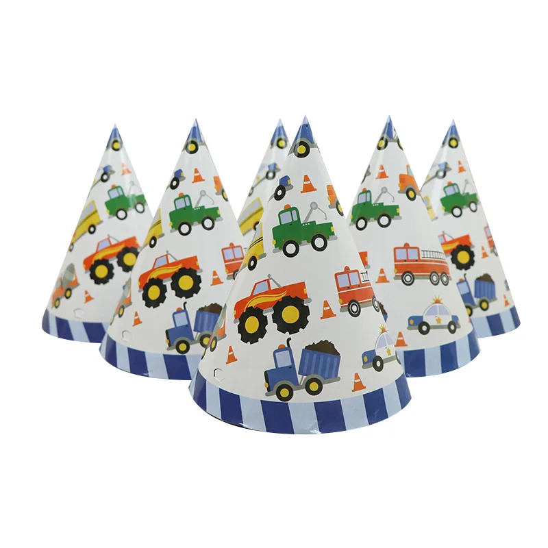 

6pcs/set Construction Vehicle Theme Happy Birthday Paper Hat Caps For Kids Boys Girls Baby Shower Party Hats Decoration Supplie