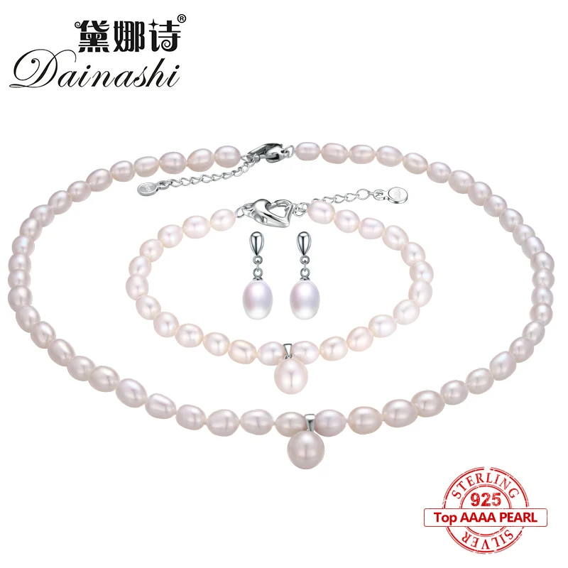 Dainashi 2017 925 sterling silver natural freshwater pearl fine jewelry for women long earrings and necklace and bracelet sets a suit of stunning faux pearl rhinestoned necklace and earrings for women