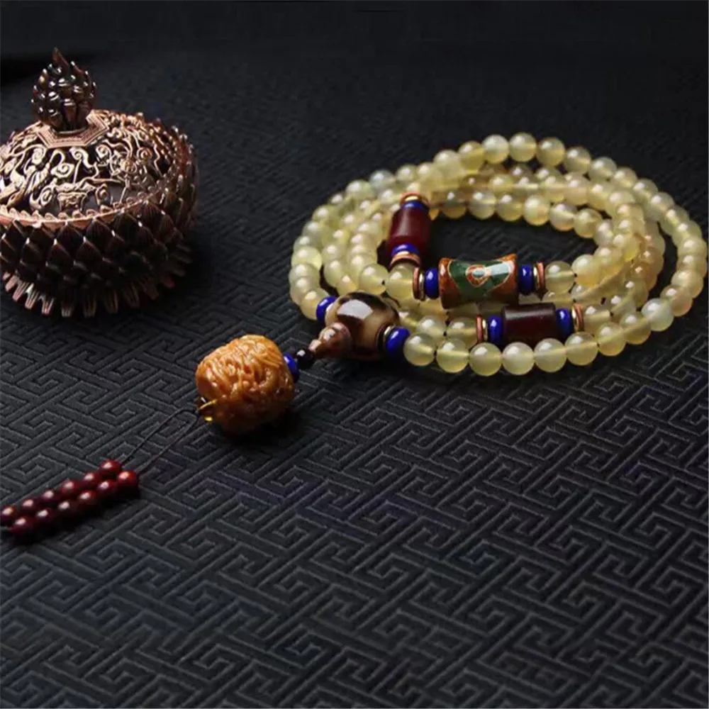 

Handmade Real 108 8mm Horn Beads Bracelet Women Healing Bracelets 4 Circles Olive Dragon Pendant Accessory Men Jewelry Wholesale