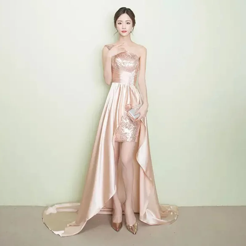 

D019 fashionable one shoulder short front long back satin dress