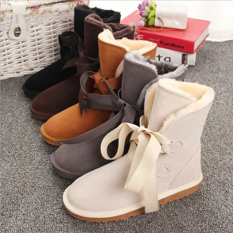 New Australian Style Women Snow Boots Riband Leather Winter Shoes Women