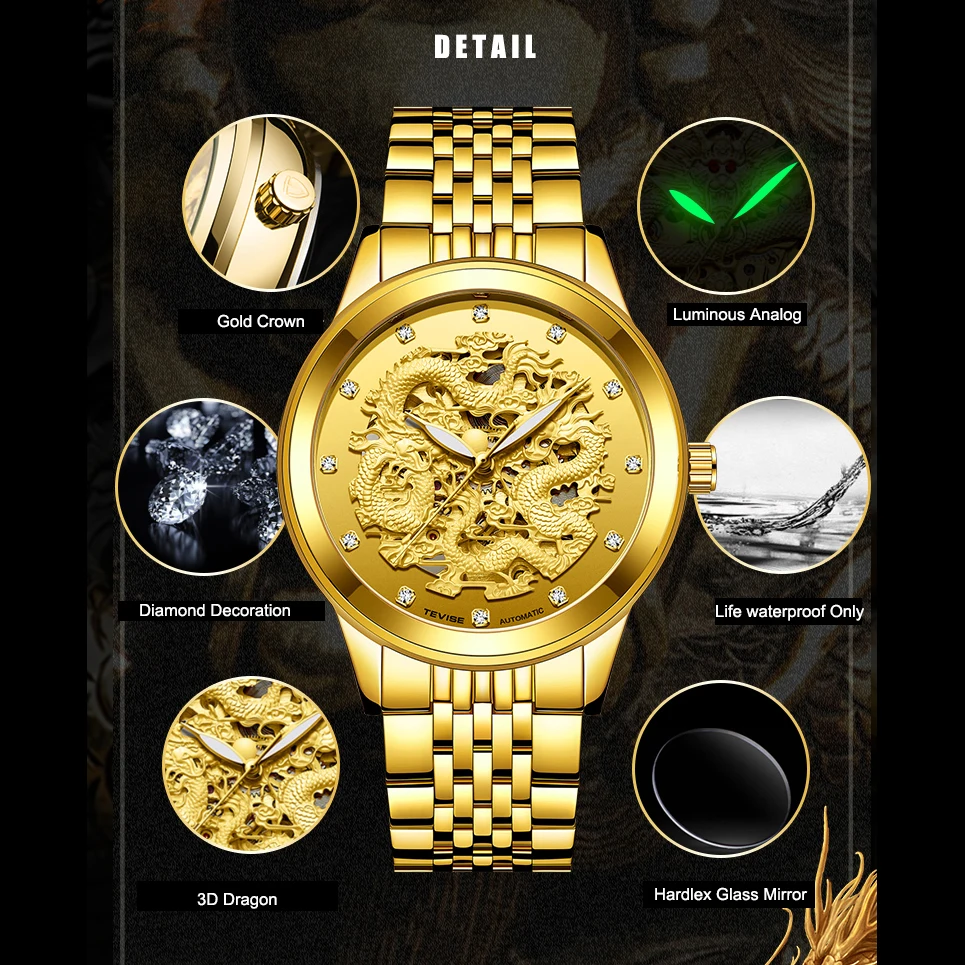 TEVISE Gold Dragon Relogio Masculino автоматические мужские часы Топ Бренд роскошные