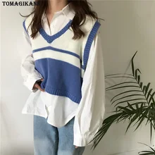 Консервативный стиль полосатый короткий стиль пуловеры трикотажные женские жилеты с v-образным вырезом контрастные Colos Свитера без рукавов женский жилет