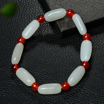 

Natural Hetian jade 8 mm white jade string with red chalcedony beaded jade bracelet jade bracelet female models