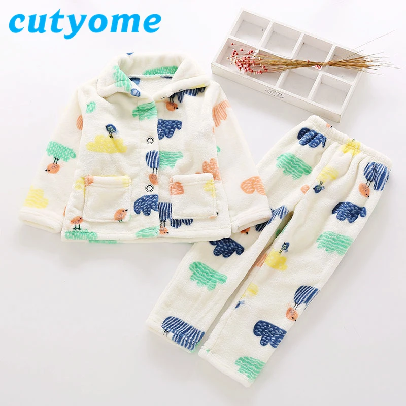  Autumn Winter Baby Boys Girls Flannel Pijamas Set Lovely Cartoon Thicken Warm Toddler Kids Bath Rob