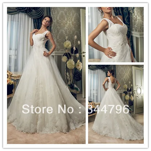 Elegant Floor Length Tull With Appliques Straps Bride Dresses 2014